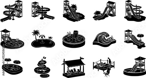 Summer water park, icon set, vector, silhouette,