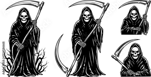 Grim reaper with scythe in black and white design