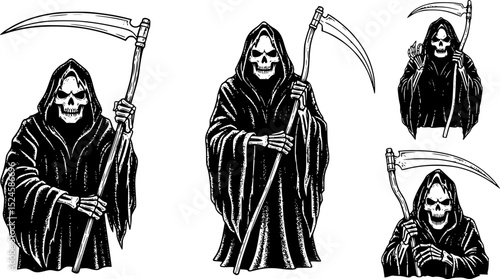 Grim reaper with scythe in black and white design