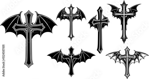 christian cross, Stylized black cross with bat wing like extensions 