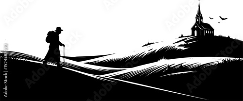 Pilgrim walking toward church on hilly landscape