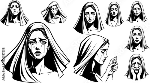 Stylized weeping woman with veil in black and white