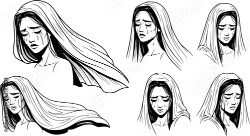 Stylized weeping woman with veil in black and white