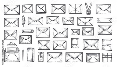 A hand-drawn collection of various envelopes, stationery items including pencils, pens, and notepads, showcasing different sizes, shapes, and styles of mail correspondence