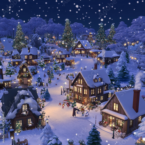 Christmas village in snow illustration