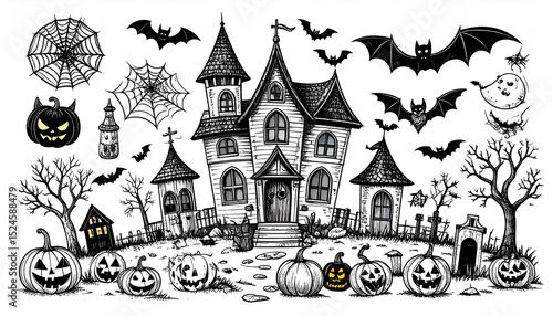 A haunted house illustration with pumpkins, bats, cobwebs, and spooky trees, rendered in a hand-drawn, black-and-white style