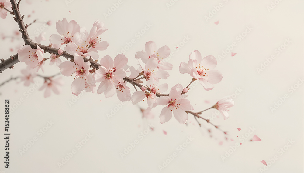 Fototapeta premium Single Japanese cherry blossom branch over a soft off-white background — Zen-inspired, minimal and elegant” 