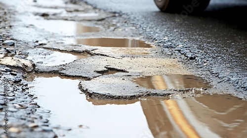 Damaged road with potholes filled with water presenting a hazardous surface