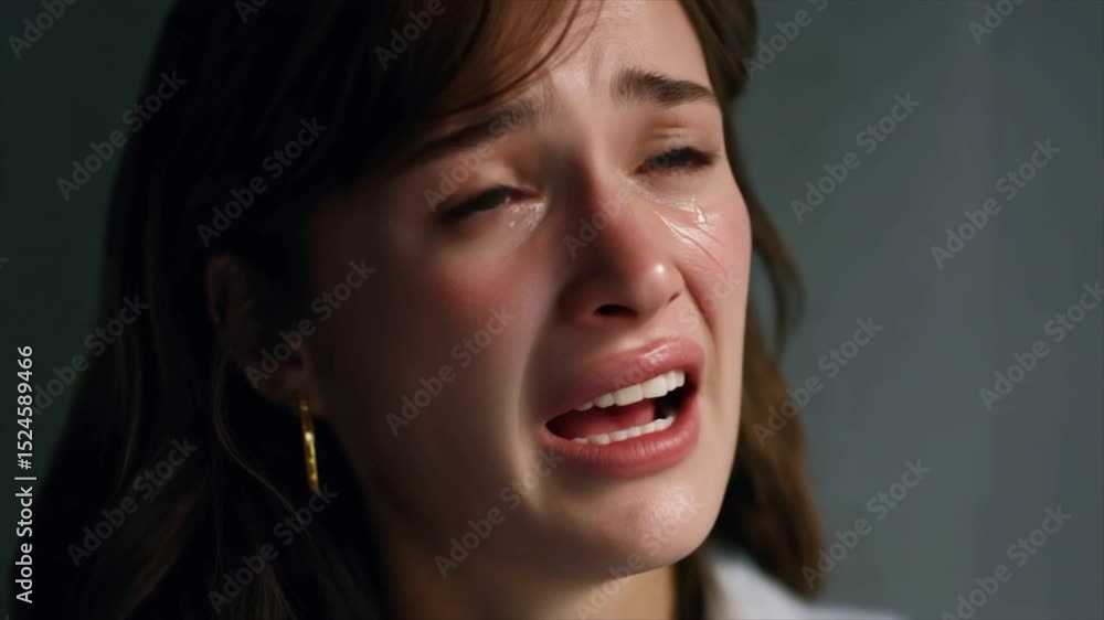 An emotional woman in her thirties with shoulder-length brown hair crying while talking An emotional woman in her thirties with shoulder-length brown hair crying while talking