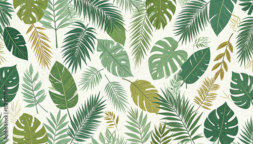 Lush tropical foliage pattern featuring various green and gold leaves on a white background; vibrant, stylized illustration