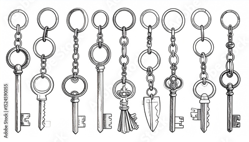 A meticulously drawn collection of ten antique keys, each with unique designs, hangs from varying lengths of chains and ornate rings, showcasing intricate details in monochrome