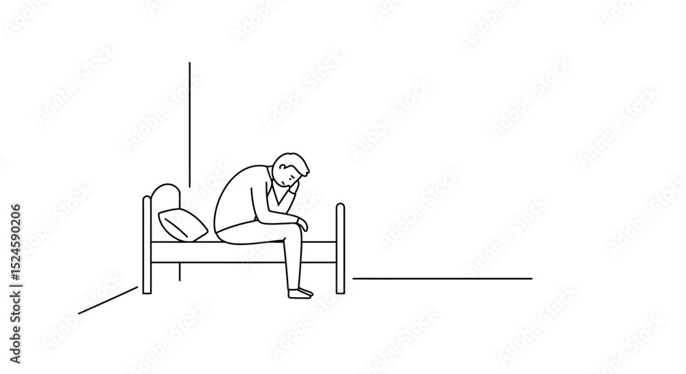 Naklejka premium Lonely Man Sitting on Bed – Depression and Sadness Illustration