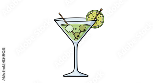 Vector illustration of a classic martini cocktail glass with green olives, presented in a clean flat design style on a white background. Perfect for bar menus,