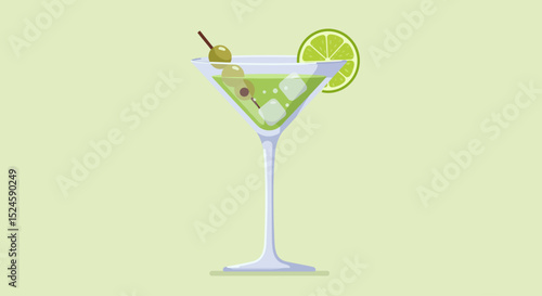 Vector illustration of a classic martini cocktail glass with green olives, presented in a clean flat design style on a green background. Perfect for bar menus,