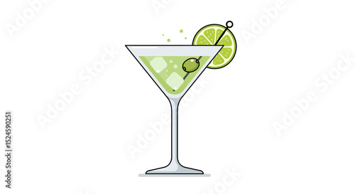 Vector illustration of a classic martini cocktail glass with green olives, presented in a clean flat design style on a white background. Perfect for bar menus,