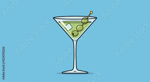 Vector illustration of a classic martini cocktail glass with green olives, presented in a clean flat design style on a blue background. Perfect for bar menus,
