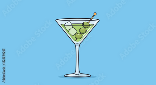 Vector illustration of a classic martini cocktail glass with green olives, presented in a clean flat design style on a blue background. Perfect for bar menus,