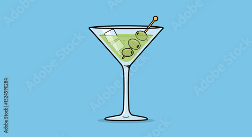 Vector illustration of a classic martini cocktail glass with green olives, presented in a clean flat design style on a blue background. Perfect for bar menus,