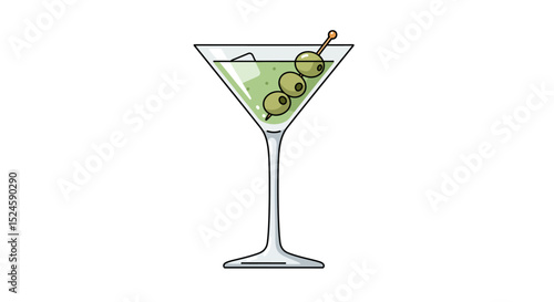 Vector illustration of a classic martini cocktail glass with green olives, presented in a clean flat design style on a white background. Perfect for bar menus,