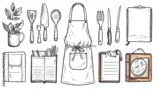 Hand-drawn illustration of kitchenware, utensils, cookbooks, and an apron, meticulously detailed in a vintage style against a white background