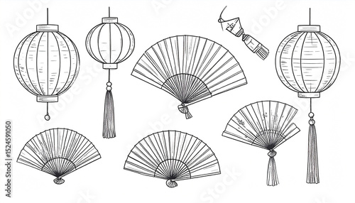 Line art depicting two hanging lanterns with tassels and three open hand fans, plus two closed hand fans and a single hanging ornament