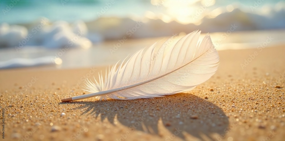A delicate white feather rests on golden sand, gently kissed by the waves The sun illuminates its fine texture, a tranquil scene of coastal serenity , vacation, holiday, ocean A delicate white feather rests on golden sand, gently kissed by the waves The sun illuminates its fine texture, a tranquil scene of coastal serenity , vacation, holiday, ocean