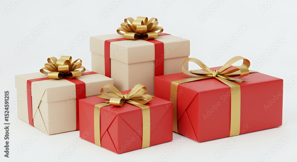 Obraz premium A Collection of Beautifully Wrapped Gifts with Gold Ribbons and Bows Ready for Celebration