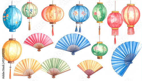 A vibrant collection of watercolor-painted Asian-style paper lanterns and hand fans in assorted colors and floral designs, hanging and fanned
