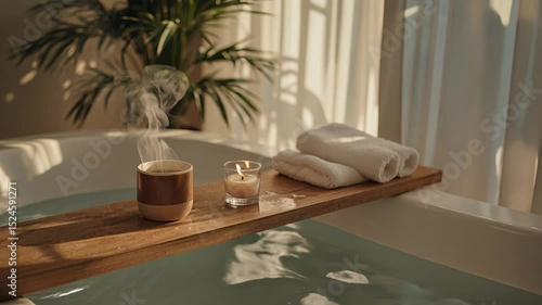 Modern Bathtub with Wooden Tray and Spa Items in Sunlit Bathroom