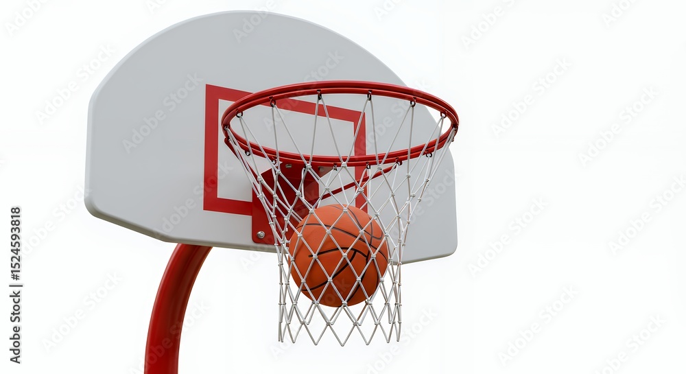 Basketball Swish: Orange Sphere Entering the Net of a Red and White Hoop Against a Clear Sky Basketball Swish: Orange Sphere Entering the Net of a Red and White Hoop Against a Clear Sky