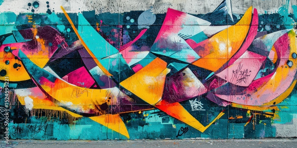 Fototapeta premium A vibrant street mural where the graffiti elements appear to be shifting and changing