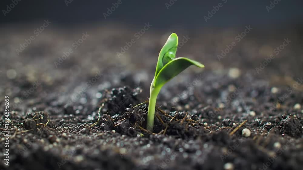 Closeup image of a young plant sprouting from moist soil Closeup image of a young plant sprouting from moist soil