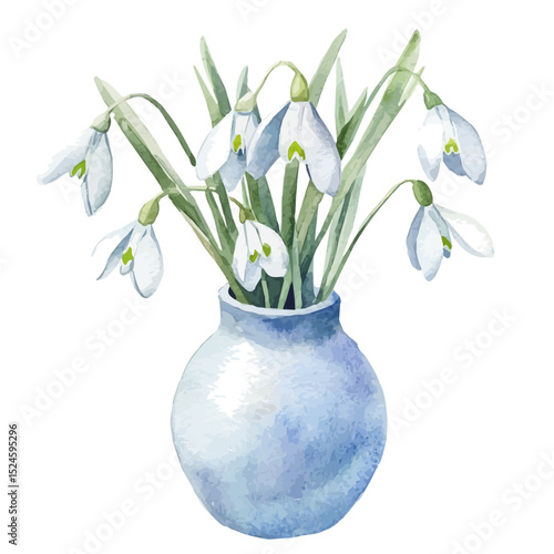 A Snowdrop In A Vase, watercolor illustration vector, high quality, isolated on a white background.