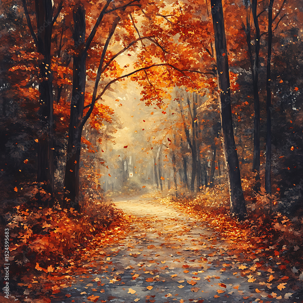 Fototapeta premium Vibrant orange and gold leaves blanketing a forest path, trees illuminated by soft sunlight, a calm breeze rustling the canopy, peaceful autumn retreat. Created Using: RED Komodo emulation,
