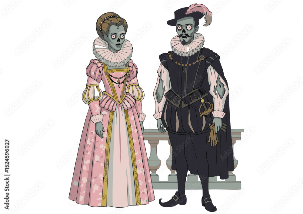 Undead Elizabethan Couple A Spooky Illustration of Reanimated Royal Zombies in 16th Century Attire. A macabre twist on historical fashion, perfect for Halloween or gothic art enthusiasts. Undead Elizabethan Couple A Spooky Illustration of Reanimated Royal Zombies in 16th Century Attire. A macabre twist on historical fashion, perfect for Halloween or gothic art enthusiasts.