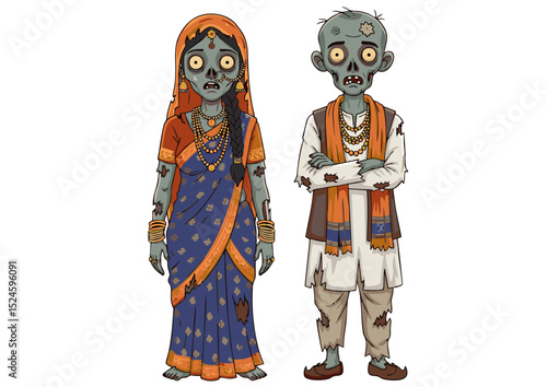 Undead Indian Couple A Spooky Illustration of Zombie Folklore in Traditional Attire