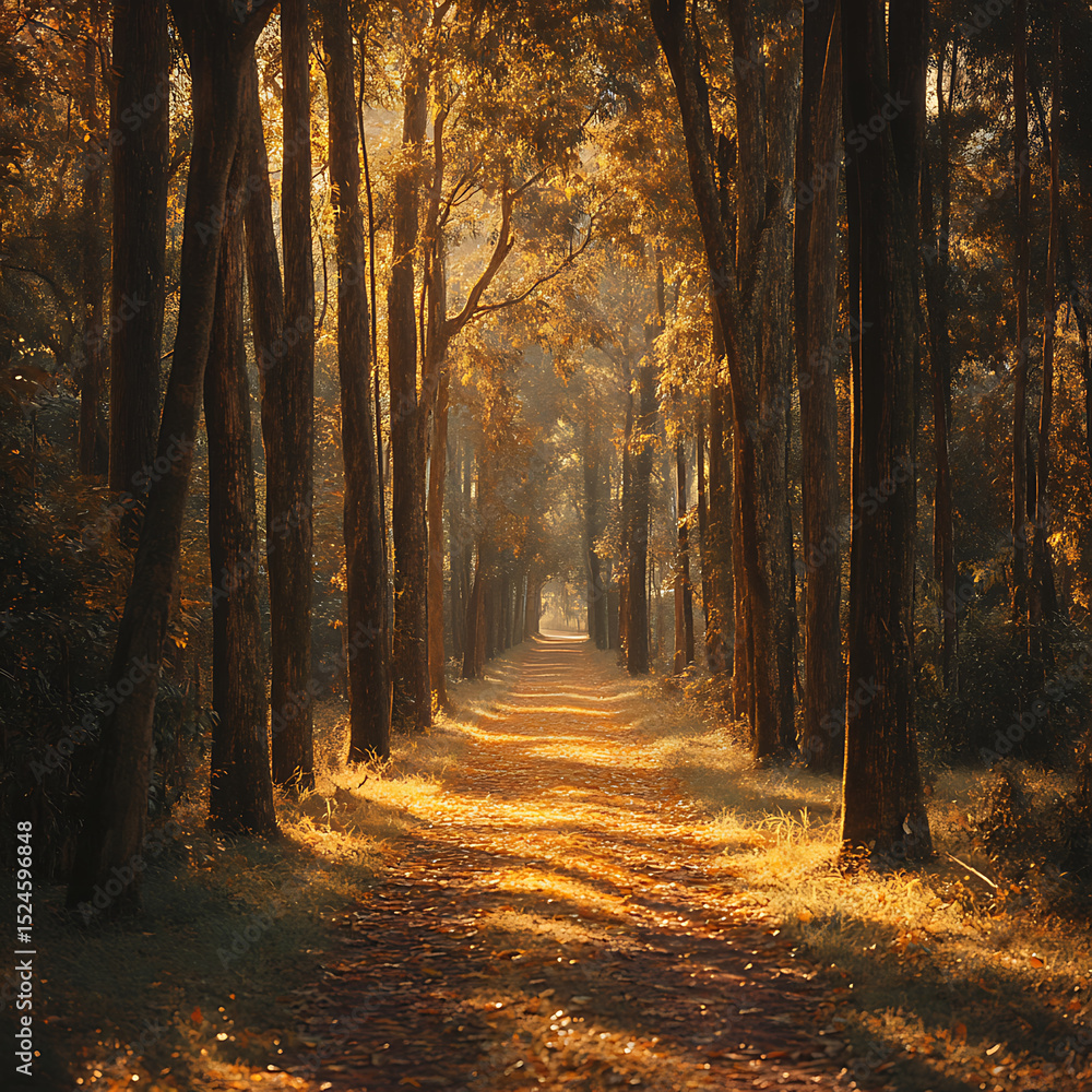 Obraz premium Tall tamarind trees stretching skyward, golden leaves drifting gently to the forest floor, forming a glowing path along a narrow trail, soft golden sunlight pouring through the canopy.