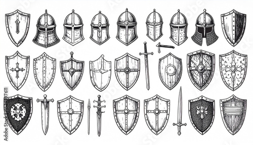 A detailed hand-drawn collection of medieval-style shields, swords, and helmets, showcasing various designs and shapes in a monochrome sketch style