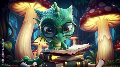 Cute dragon character reading books in a magical forest fantasy world