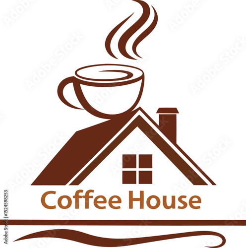 Coffee house logo design with a steaming cup on a house roof