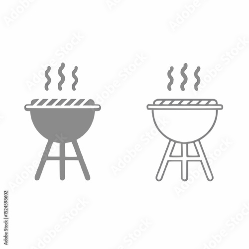 Vector illustration of a smoking BBQ grill, solid and outline styles.