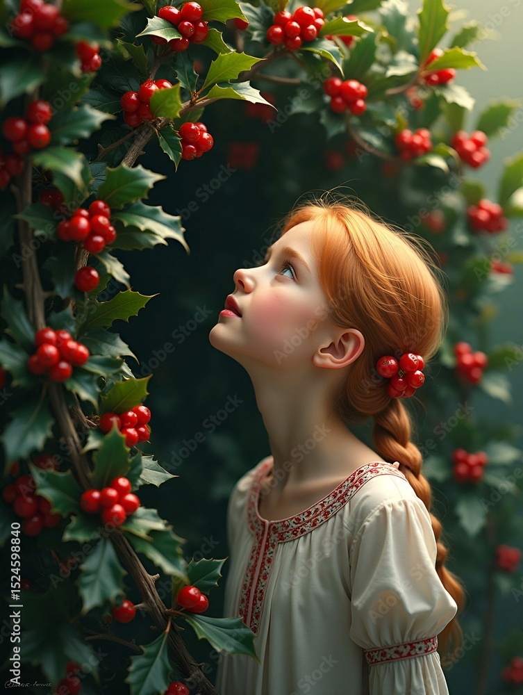 She gazes in awe at the vibrant holly tree with its bright red berries, delicately woven into a vine pattern. She gazes in awe at the vibrant holly tree with its bright red berries, delicately woven into a vine pattern.