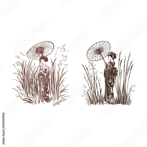 Graceful geisha standing holding umbrella in park design vector template illustration