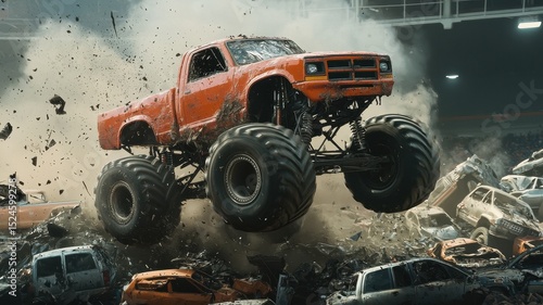 An impressive monster truck leaps high over wrecked cars in an exhilarating performance, showcasing power and agility in a thrilling arena atmosphere.