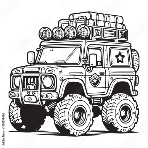 Cartoon funny off road truck suitable for coloring pages - vector illustration