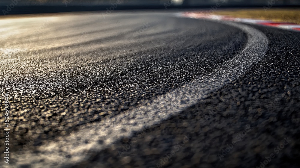 Fotobehang Formule 1 A captivating close-up view of a smooth and empty F1 track, showcasing the intricate texture of the asphalt and the subtle curves, perfect for sports and racing themes. #1524599844