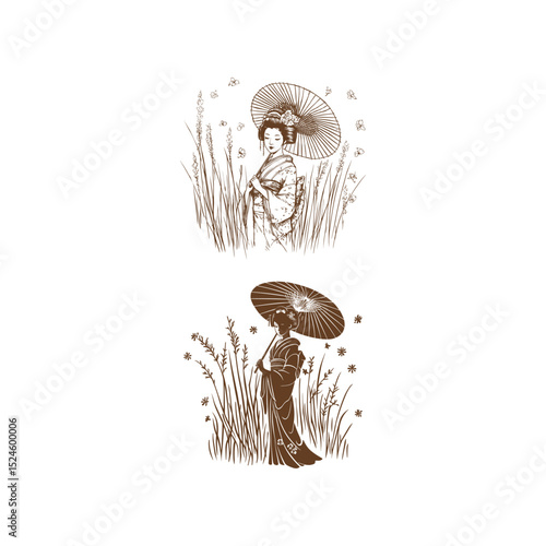 Graceful geisha standing holding umbrella in park design vector template illustration