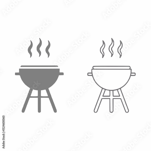 Vector illustration of a smoking BBQ grill, solid and outline styles.