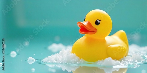 A bright yellow rubber duck sits in a bathtub, surrounded by bubbles and water droplets A classic bath toy, ready for playtime fun , game, yellow duck