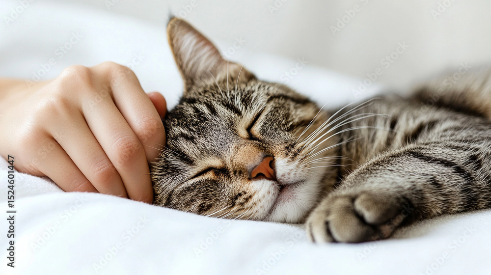 Obraz premium Female hand gently caresses a peacefully sleeping tabby cat on white background. Captures pet care, love, comfort, trust, and bonding. Warm, peaceful emotion of human-animal connection and care.
